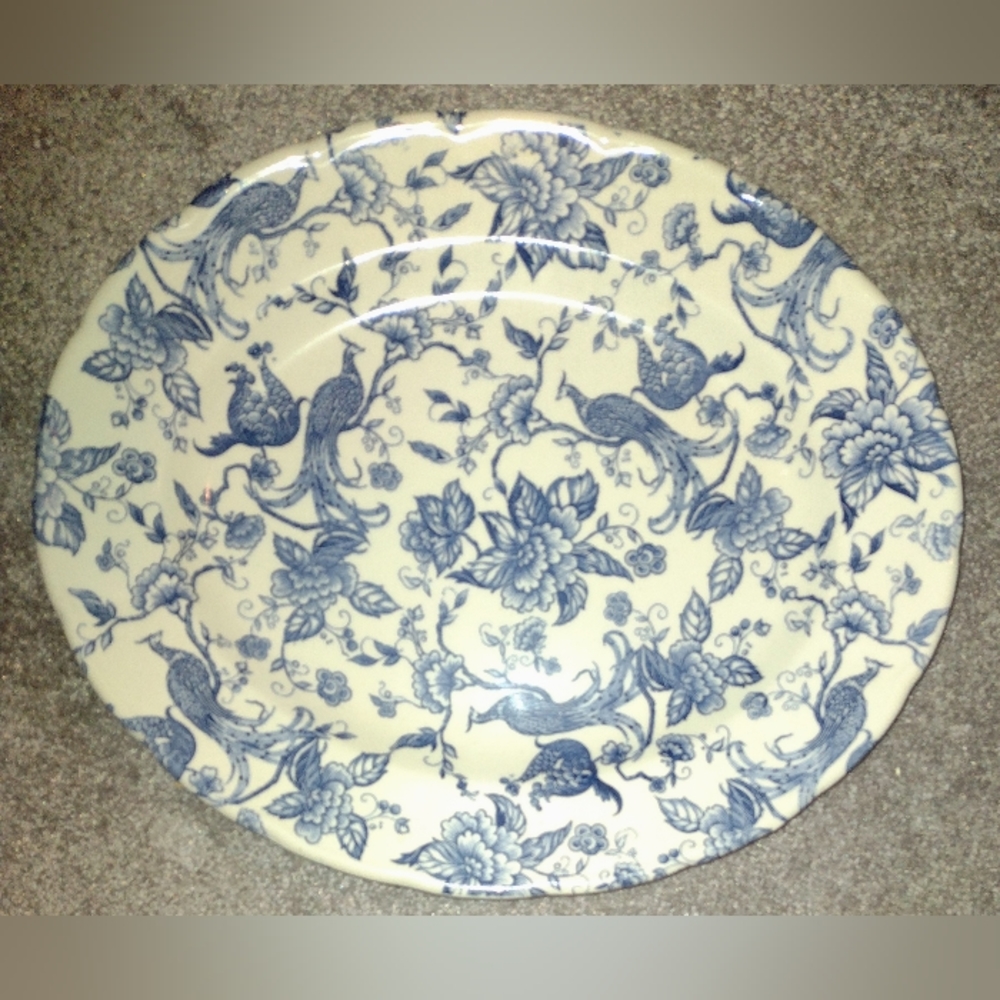 Ravensdale Pottery Platter Cobalt Blue and White Peacocks Birds
